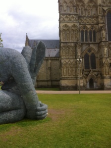 Sculptur of half hare, half woman outside Salisbury cathedral.